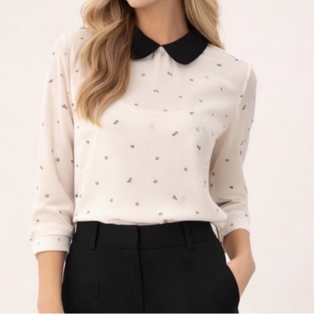 BooMing Sheer Ivory Blouse Contrast Black Collar S/M Korean